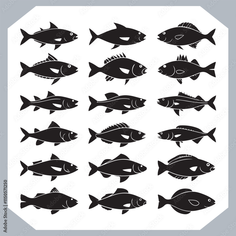 Trendy Fish Silhouette Icons with Clean and Modern Design for Creative Branding Needs in white background Trendy Fish Silhouette Icons with Clean and Modern Design for Creative Branding Needs in white background