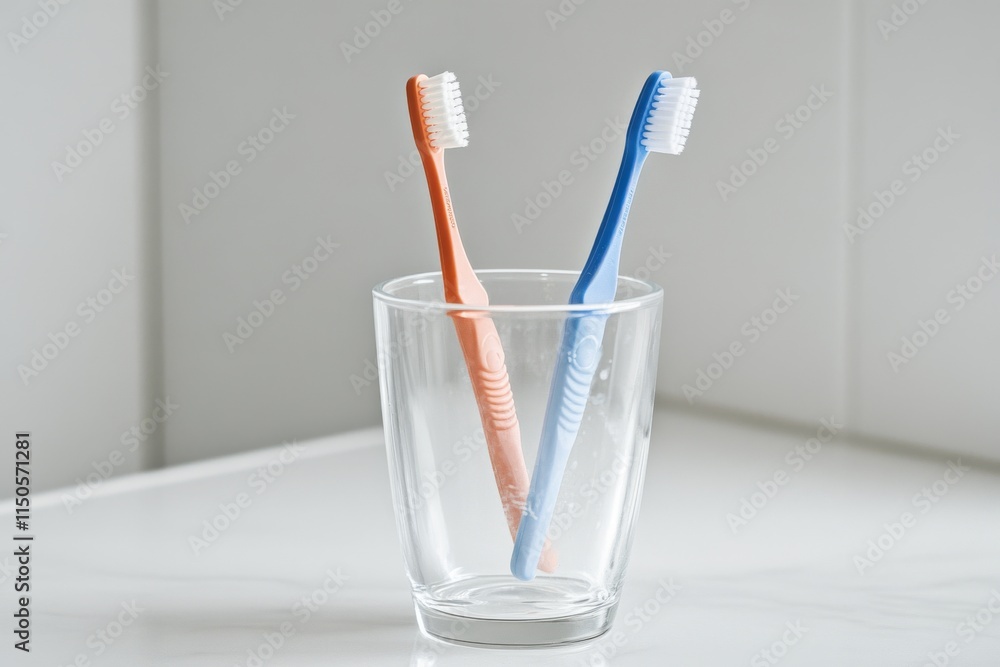Toothbrushes in a cup on white countertop in bathroom background. Family toothbrushes in ceramic holder. Tooth brushes in mug. Oral care, wellness, dental hygiene, fresh breath. Toiletries Still Life Toothbrushes in a cup on white countertop in bathroom background. Family toothbrushes in ceramic holder. Tooth brushes in mug. Oral care, wellness, dental hygiene, fresh breath. Toiletries Still Life