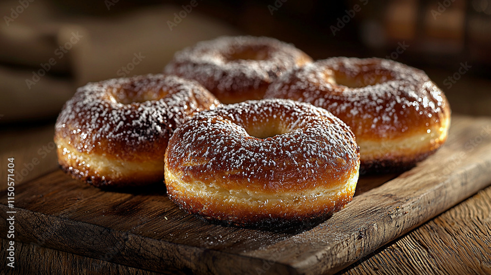 Sugared donuts with golden crust on rustic wooden board. Gourmet bakery, fresh pastries, food photography Sugared donuts with golden crust on rustic wooden board. Gourmet bakery, fresh pastries, food photography