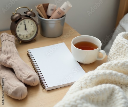 Tech-Free Morning Routine with Notebook, Herbal Tea and Cozy Details. Perfect for promoting digital detox concepts, mindfulness campaigns, or wellness product marketing.   photo