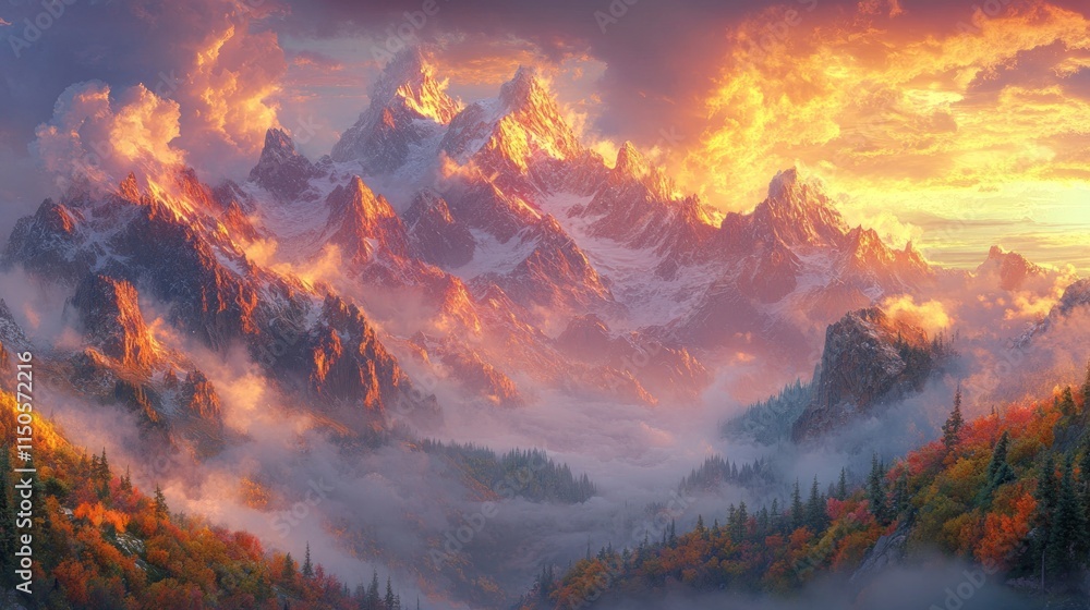 Naklejka premium Majestic mountain range at sunrise, vibrant colors, and thick clouds.