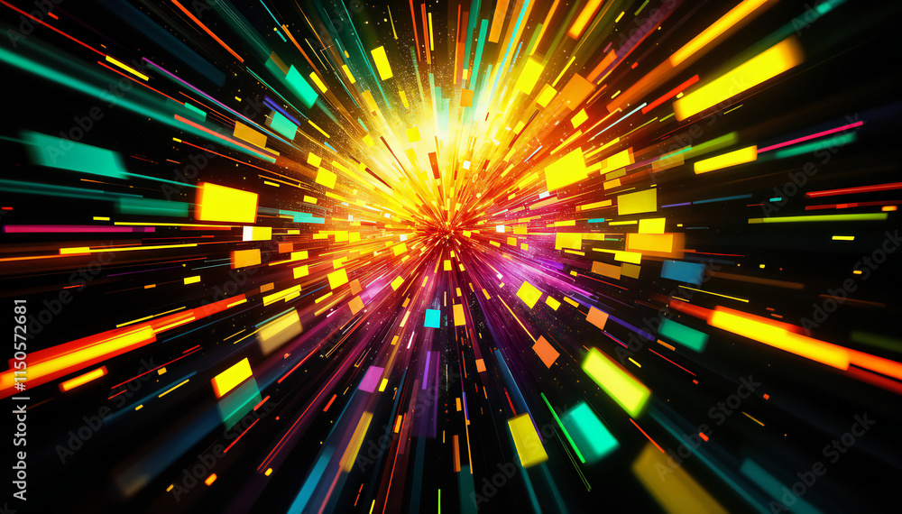 Colorful abstract explosion with bright rays of light bursting outwards in various directions against a dark background. Colorful abstract explosion with bright rays of light bursting outwards in various directions against a dark background.