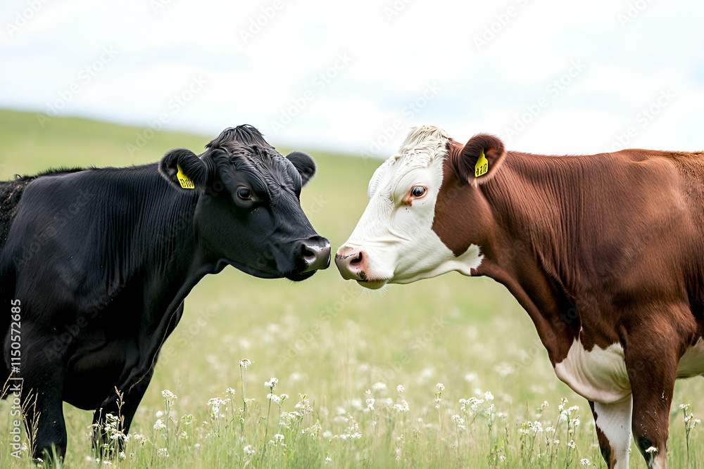 Cows interact playfully in a lush green field adorned with wildflowers under a clear sky Cows interact playfully in a lush green field adorned with wildflowers under a clear sky