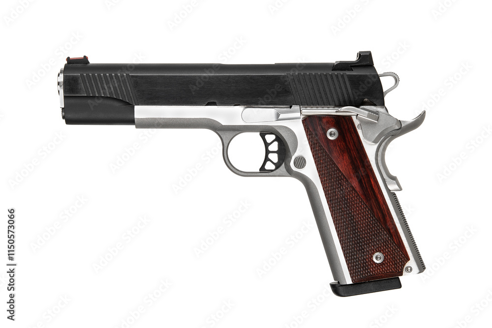 Modern semi-automatic handgun with wooden grips on a white background. Modern semi-automatic handgun with wooden grips on a white background.