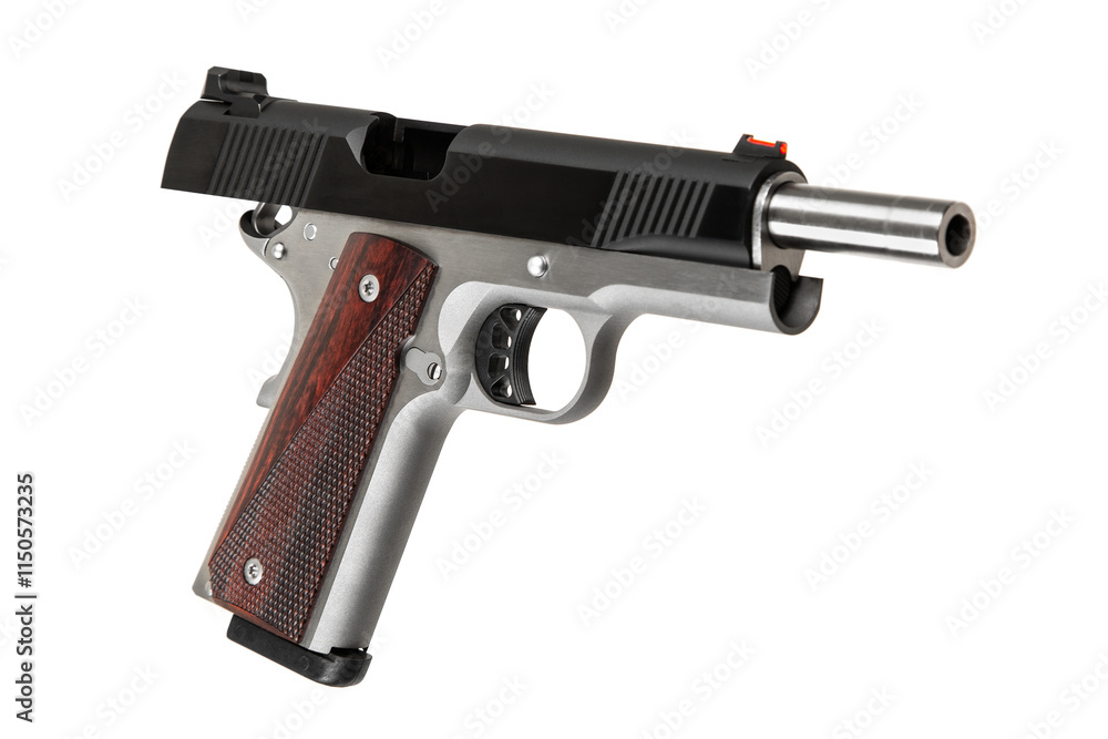 Modern semi-automatic handgun with wooden grips on a white background. Modern semi-automatic handgun with wooden grips on a white background.