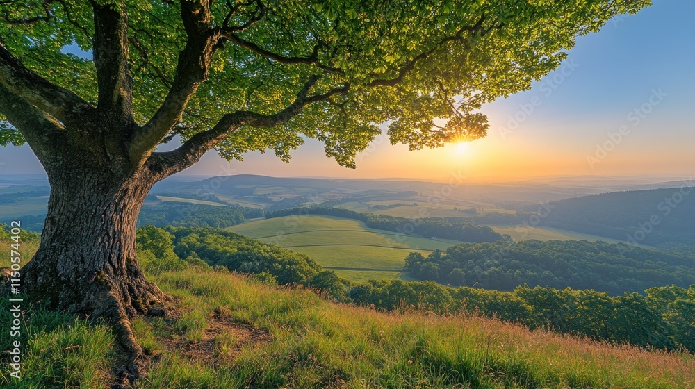 Majestic tree on hilltop at sunset, overlooking scenic valley. Majestic tree on hilltop at sunset, overlooking scenic valley.