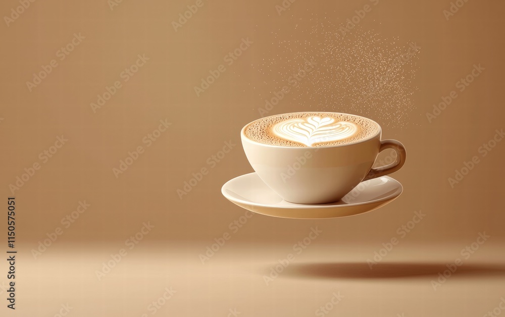 A creamy cappuccino cup levitating mid-air with frothy latte art, on a soft brown background A creamy cappuccino cup levitating mid-air with frothy latte art, on a soft brown background