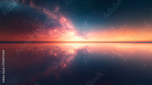 A serene lake reflecting a glowing inverted galaxy sky. photo