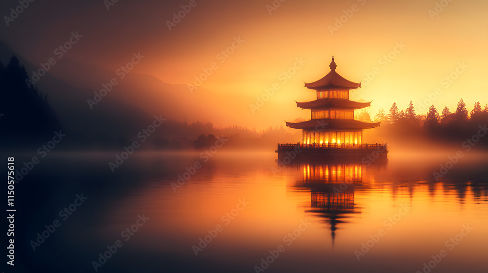 A serene lakeside temple glowing with amber lights its silhouette reflected in still waters. A serene lakeside temple glowing with amber lights its silhouette reflected in still waters.
