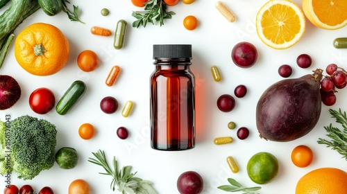 Fototapeta Naklejka Na Ścianę i Meble -  A brown glass bottle surrounded by colorful fruits, vegetables, and dietary supplements.