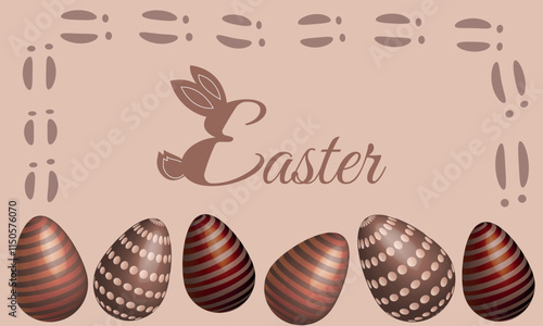 Happy Easter, text, vector, banner. Greeting card with coffee and chocolate eggs, rabbit paw prints, bunny. Vector illustration Easter greeting card