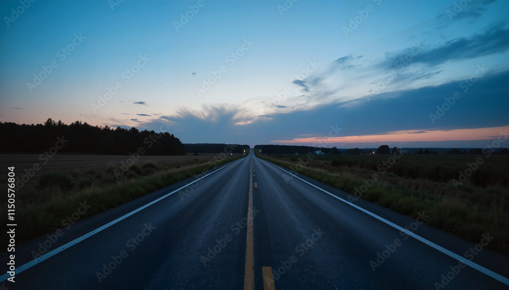 Naklejka premium Empty highway stretching into dusk with colorful sky and distant headlights approaching