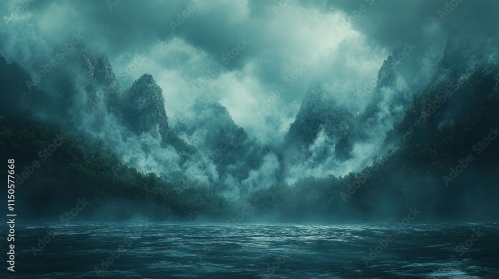 Fototapeta premium Misty mountain range overlooking a tranquil lake.