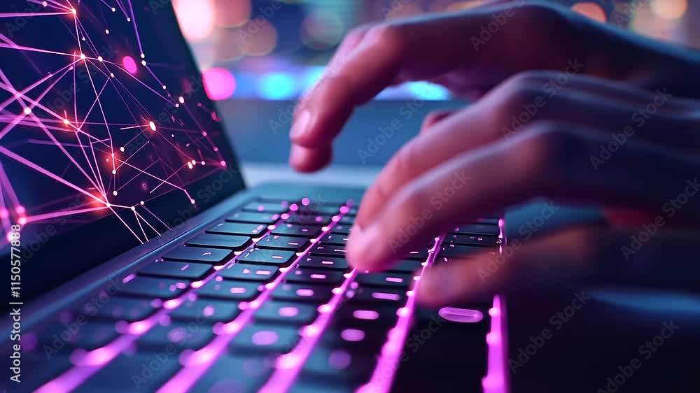 Hands Typing on Laptop with Holographic Digital Network Overlay Hands Typing on Laptop with Holographic Digital Network Overlay