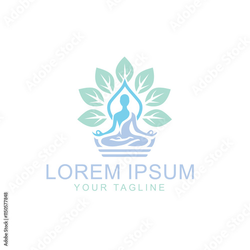 Wellness, Mental Health Yoga logo with green leaves, yoga poses, lotus, Logo and Icon template