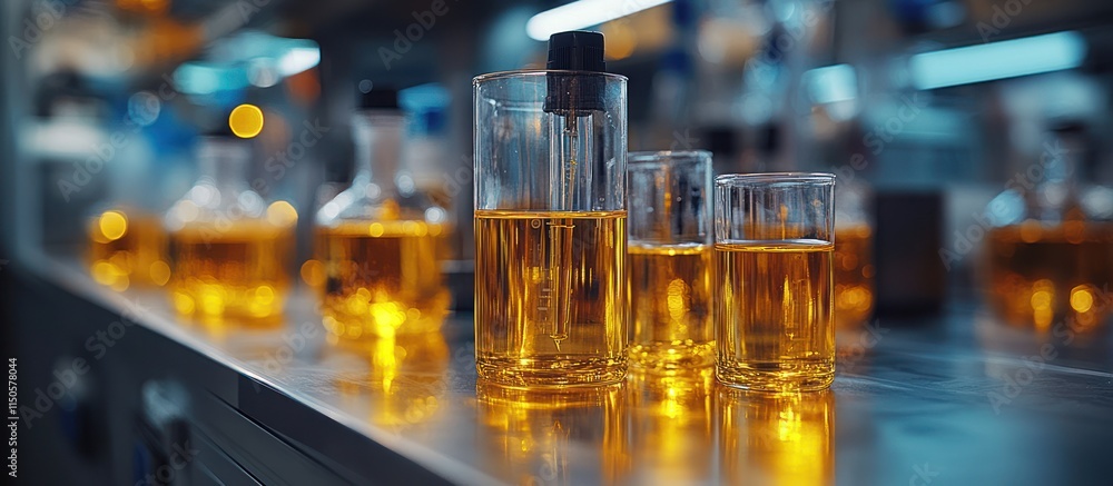 Laboratory glassware with amber liquid.