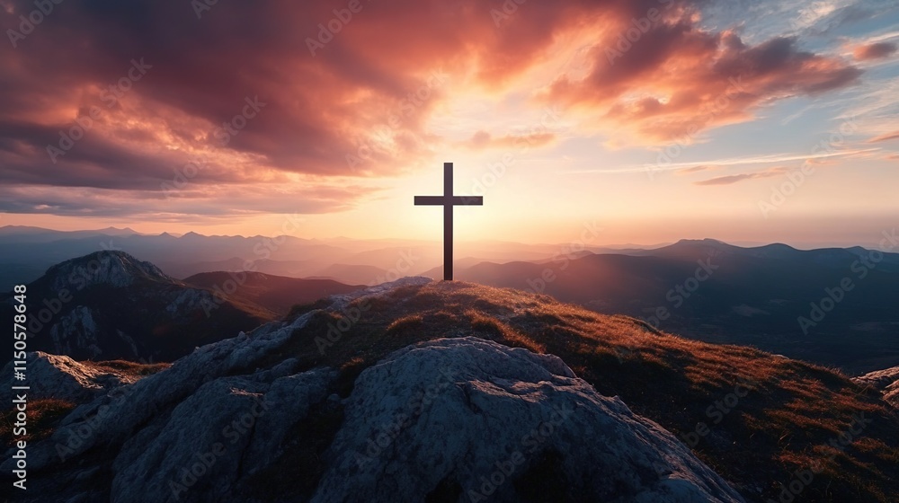 Black cross on top of a mountain with a beautiful sunset sky Black cross on top of a mountain with a beautiful sunset sky