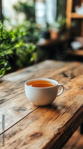 Delightful cup of tea resting on rustic wooden table near a window with greenery