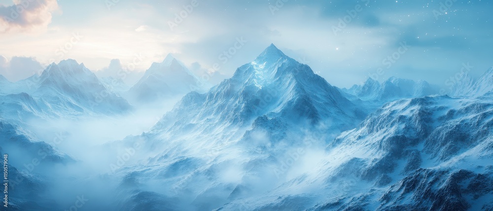 Fototapeta premium Majestic ice-capped mountains and floating icebergs reflect in calm blue waters at dawn in a serene arctic landscape