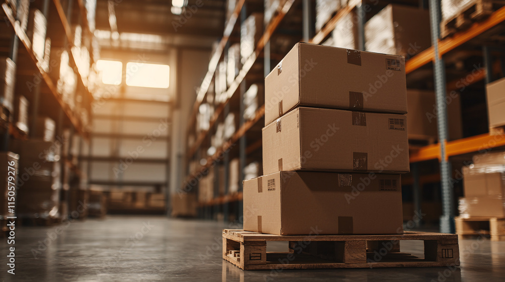 Stacked Cardboard Boxes on Pallet in a Busy Warehouse. Efficient logistics and storage solutions for your business. Stacked Cardboard Boxes on Pallet in a Busy Warehouse. Efficient logistics and storage solutions for your business.