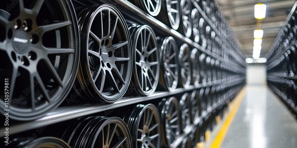 A wide shot of the shelves in an auto shop with black and silver rims stacked on top, showcasing different types of car tires. A wide shot of the shelves in an auto shop with black and silver rims stacked on top, showcasing different types of car tires.