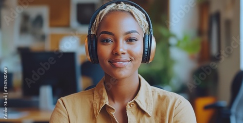 Smiling professional woman enjoying music with headphones in a modern workspace photo