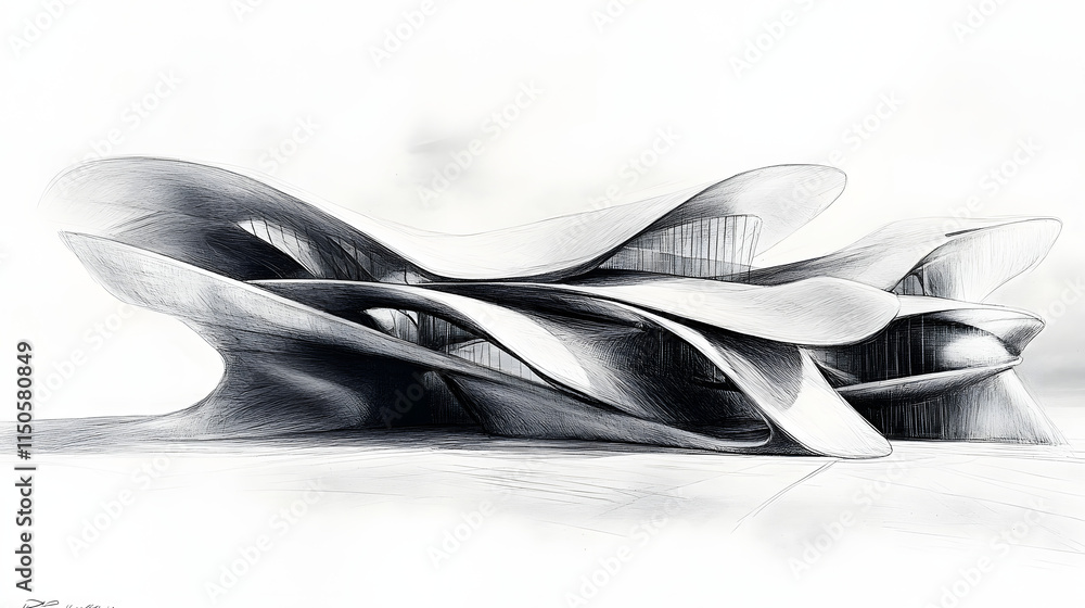 A dynamic sketch of an avant-garde opera house envisioned by a master designer.