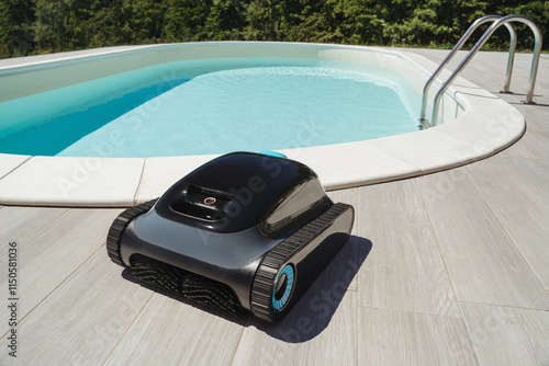 Obraz na płótnie An advanced pool cleaning robot in front of a backyard swimming pool, designed for automatic cleaning and water purification, keeping the pool bottom spotless and well-maintained