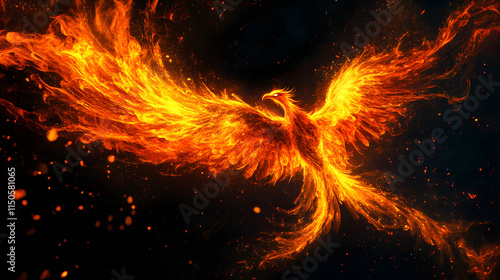 A dynamic stylized design of a phoenix bursting into flames.