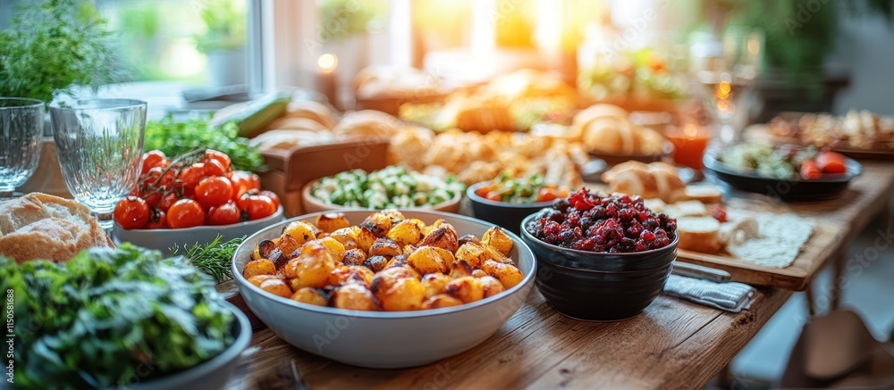 Obraz premium Festive buffet table with variety of healthy dishes.