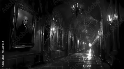 Ominous dimly-lit corridor lined with cobweb-covered portraits, flickering candles, and eerie shadows, evoking a sense of foreboding and dread on all hallows' eve. Hallowed. Illustration photo