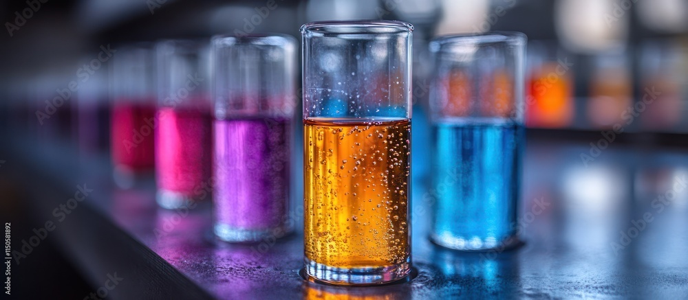 Colorful liquids in beakers in a lab. Colorful liquids in beakers in a lab.