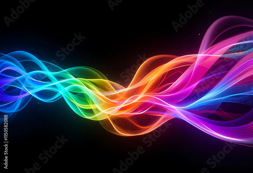 Radiant Spiral Flow of Vibrant Neon Energy Ribbons on Dark Background, Abstract Motion