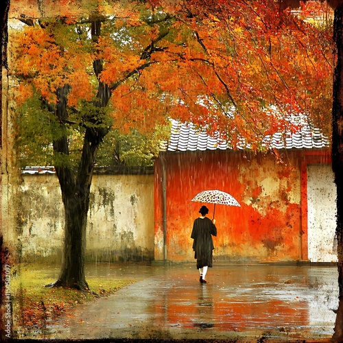 Autumn Rain A Solitary Figure Walks Underneath Colorful Leaves