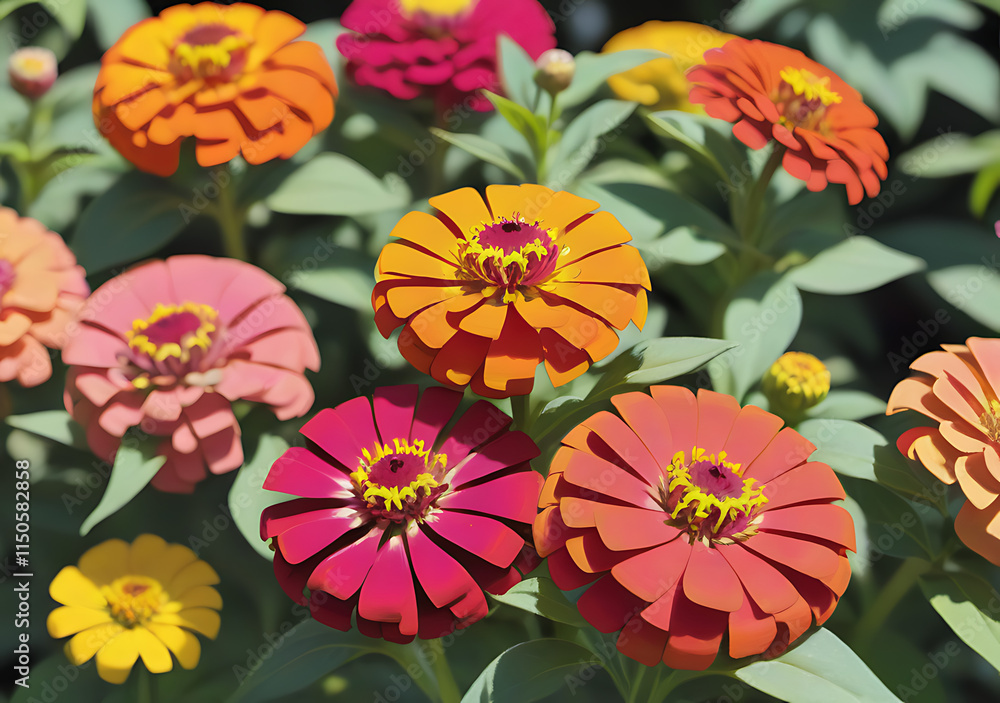 Fototapeta premium Sunny Garden Blooms Vibrant Zinnia Flowers That Attract Pollinators With Their Elegant Petals And Bright Colors.