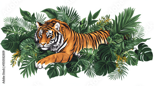 A dynamic tattoo design of a tiger surrounded by jungle foliage.