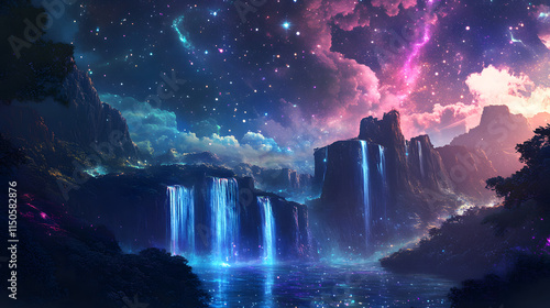 A surreal galaxy filled with floating islands and glowing waterfalls of stardust. photo