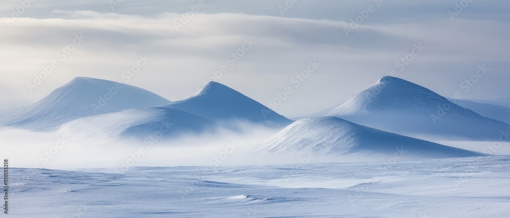 Majestic ice-capped mountains and floating icebergs reflect in calm blue waters at dawn in a serene arctic landscape