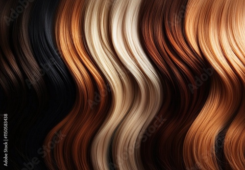 Vibrant hair color swatches arranged in a row, showcasing different shades of blonde and brown against a black background. photo