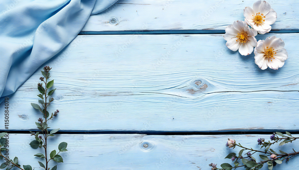 Fototapeta premium Wooden planks with blue tint, some leaves ,and twigs scattered on the surface.