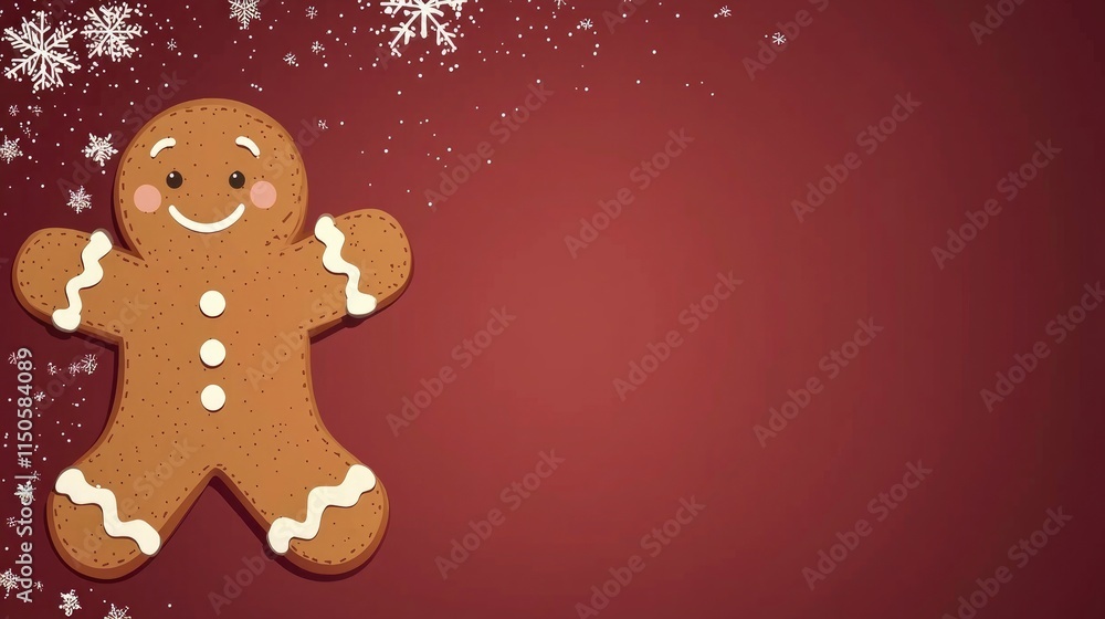 Festive Gingerbread Man on Burgundy Background with Snowflakes Festive Gingerbread Man on Burgundy Background with Snowflakes