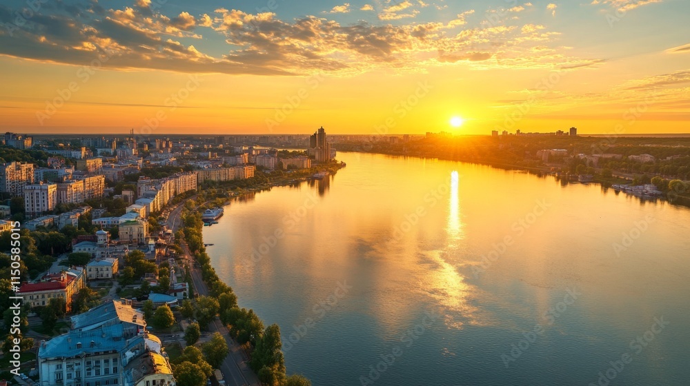 Fototapeta premium City Sunset over River: Stunning Aerial View