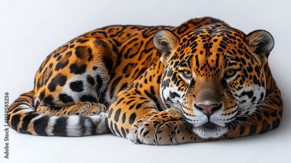 Obraz premium Majestic jaguar resting on white background.