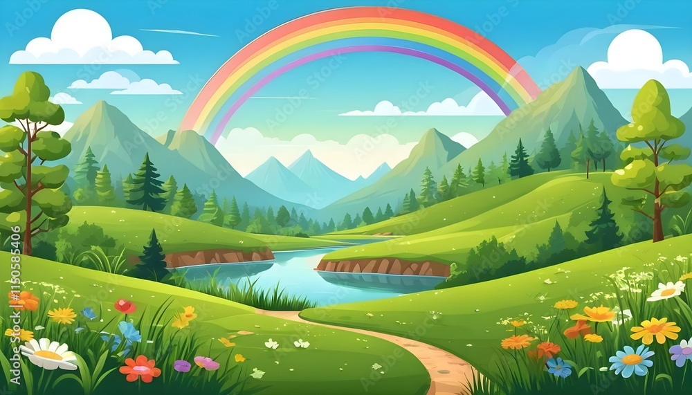 Naklejka premium Breathtaking Nature Scene Background Featuring a Vibrant Rainbow Arching Across the Sky in a Serene Landscape