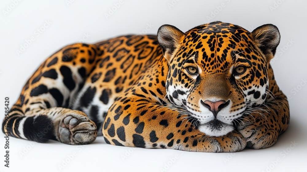 Obraz premium Majestic jaguar resting on white background, showcasing its spotted coat and powerful physique.