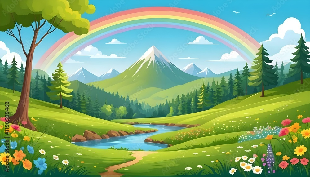 Fototapeta premium Breathtaking Nature Scene Background Featuring a Vibrant Rainbow Arching Across the Sky in a Serene Landscape