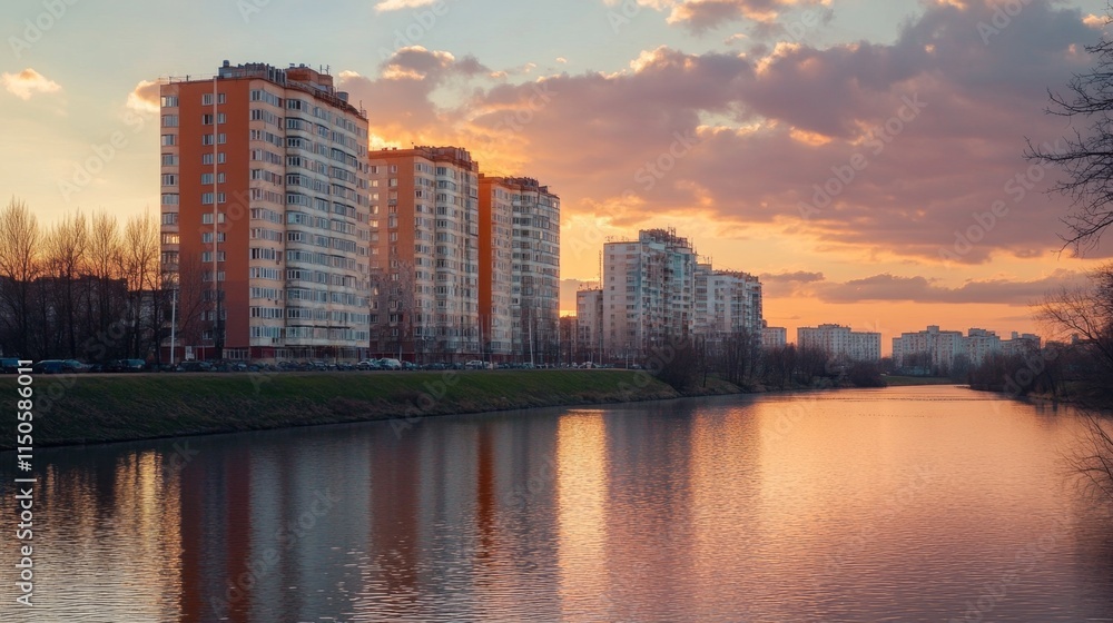 Obraz premium Sunset Cityscape with Apartment Buildings and River Reflection