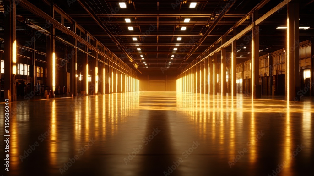 Large, industrial warehouse with a long, empty floor illuminated by bright, vertical lines of light Large, industrial warehouse with a long, empty floor illuminated by bright, vertical lines of light