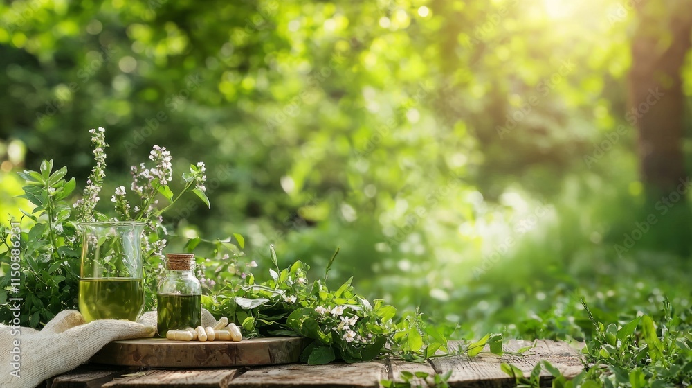 Serene Outdoor Picnic with Lion's Mane Supplement Capsules, Fresh Salad, and Herbal Drinks in Lush Green Setting Symbolizing Health and Nature Serene Outdoor Picnic with Lion's Mane Supplement Capsules, Fresh Salad, and Herbal Drinks in Lush Green Setting Symbolizing Health and Nature