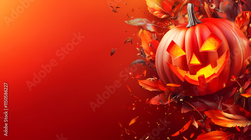 Glowing halloween pumpkin lantern on red background 3d jack s gourd banner for all hallows eve. Hallowed. Illustration photo